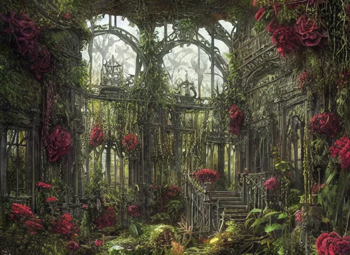 Prompt: an elaborate gothic lovecraftian garden with exotic flowers, shrubberies and a beautiful greenhouse intricate, elegant, highly detailed, matte, sharp focus, illustration, art by ferdinand knab, greg rutkowski and h. p. lovecraft