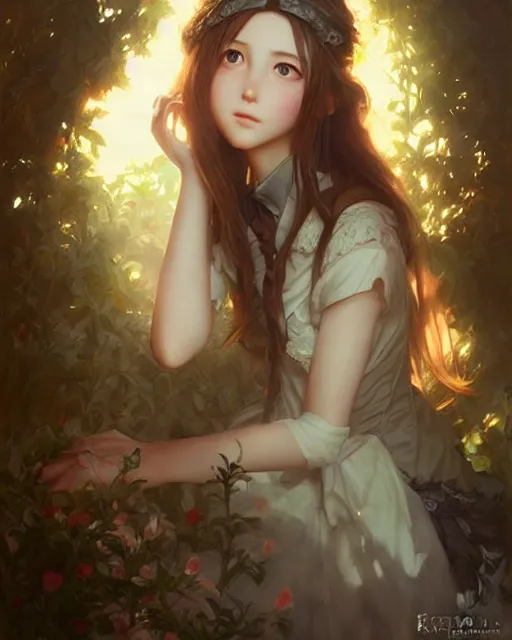 Image similar to aerith gainsborough in lace skirt, portrait, illustration, rim light, top light, perfectly shaded, soft painting, art by krenz cushart and wenjun lin