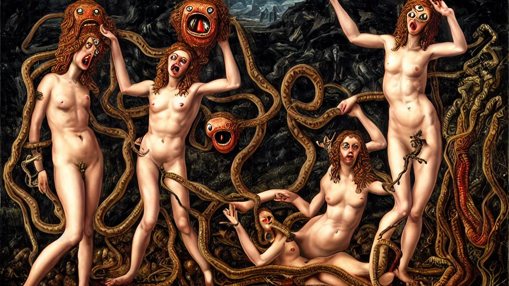 Prompt: Adam and eve with a screaming worm monster, maximalist, high detail, 8k, ornate, dark fantasy, realistic, masterpiece, complex, wide angle, by Jodorowskys