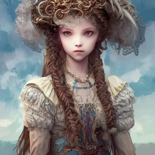 Prompt: character portrait of the white princess in the marketplace in the sky, color page, 4 k, tone mapping, doll, akihiko yoshida, james jean, andrei riabovitchev, marc _ simonetti, yoshitaka amano, digital illustration, braided hair, ringlet, curls