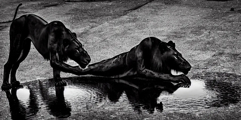 Image similar to the black lioness made of ferrofluid, dripping tar, drooling ferrofluid, crawling out of the air vent. dslr, photography, animal photography, goo, reflections, sticky, melting