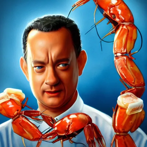 Image similar to tom hanks as forrest gump wears a giant shrimp around the neck, photorealistic, cgsociety, artstation