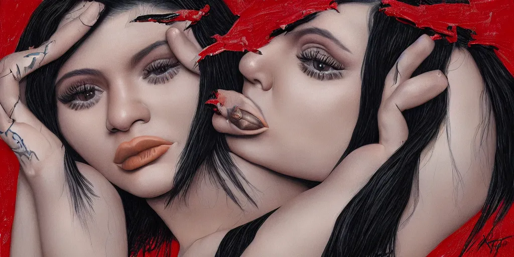 Prompt: hyper realistic kylie jenner in the style of a slipknot album cover, minimal art style, highly detailed, intricate, digital painting, artstation, 3 5 mm film grain