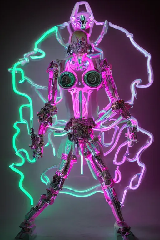 Prompt: full-body baroque and bladerunner style pink neon statue of a beautiful pale mech robot goddess humanoid dancing sim roupa, glowing white face, street hoody of red steampunk lasers, emeralds, swirling silver silk fabric. futuristic elements. prismatic liquid rainbow light, full-length view. space robots. human skulls. throne made of bones, intricate artwork by caravaggio. Trending on artstation, octane render, cinematic lighting from the right, hyper realism, octane render, 8k, depth of field, 3D