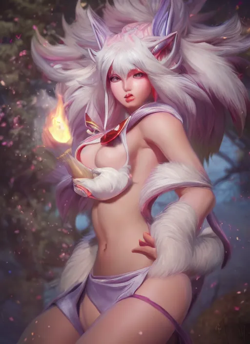 Image similar to ahri, from league of legends, au naturel, hyper detailed, digital art, trending in artstation, cinematic lighting, studio quality, smooth render, unreal engine 5 rendered, octane rendered, art style by klimt and nixeu and ian sprigger and wlop and krenz cushart