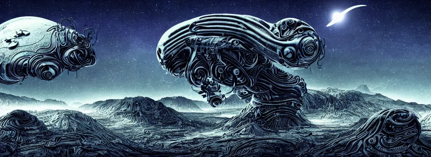 Image similar to long organic alien weird David cronenberg rocket train mountain starry moonlit night sky H.R. Giger, amazing wide landscape digital art 4k