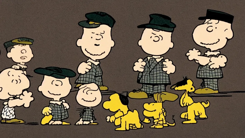 Image similar to peanuts dressed like the peaky blinders