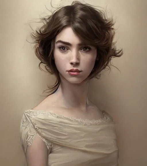 Image similar to portrait of a young woman, regal, soft features, muscular, half body, cloth, hazel eyes, short brown hair, thick eyebrows, back light, d & d, fantasy, intricate, highly detailed, digital painting, artstation, concept art, smooth, sharp focus, illustration, art by artgerm and greg rutkowski and alphonse mucha