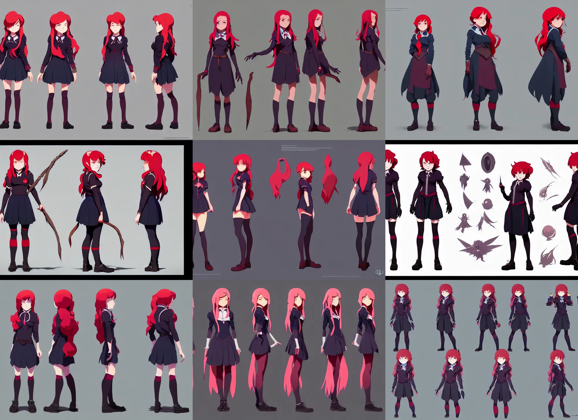 Prompt: character model sheet of attractive female student witch by greg rutkowski, witch academia, model magic school uniform, glowing red hair color, by studio ghibli and ross tran, digital art, trending on artstation, highly detailed, concept art, beautiful, masterpiece