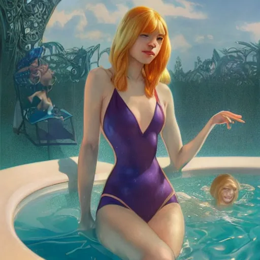 Image similar to gwen stacy in a swimsuit, relaxing in a hot tub, cg animation, riot entertainment, arcane, realistic, character select portrait, by artgerm, greg rutkowski, alphonse mucha, 3 d