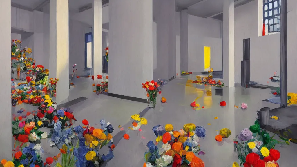 Image similar to colorful minimalist industrial interior hallway with monolithic pillars in the style of ridley scott and stanley kubrick, impossible stijl architecture, bed of flowers on floor, ultra wide angle view, realistic detailed painting by edward hopper