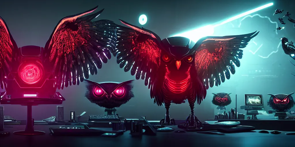 Image similar to an giant evil, malevolent, cyborg owls looking at a computer, surrounded by computer screens. this 4 k hd image is trending on artstation, featured on behance, well - rendered, extra crisp, features intricate detail and the style of unreal engine. volumetric lighting octane render