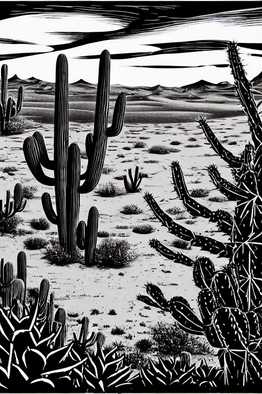Prompt: art by brian reedy, cinematic black ink linocut print of a desert with a few cacti here and there, 8 k, frostbite 3 engine, cryengine, dof, trending on artstation, digital art, crepuscular ray