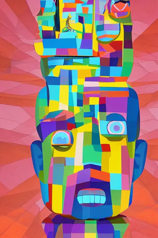 Image similar to cubist moai statue cutout digital illustration cartoon colorful beeple