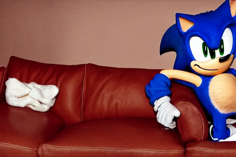 Image similar to sonic the hedgehog sitting on a leather couch, sultry photoshoot, shot by terry richardson