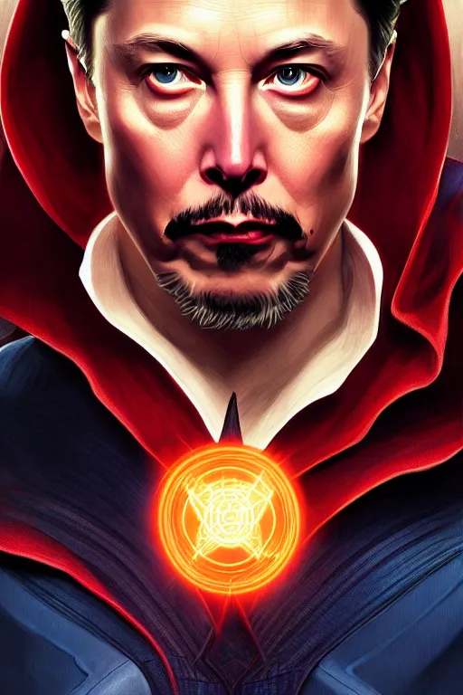 Image similar to elon musk as dr strange, realistic portrait, symmetrical, highly detailed, digital painting, artstation, concept art, smooth, sharp focus, illustration, cinematic lighting, art by artgerm and greg rutkowski and alphonse mucha