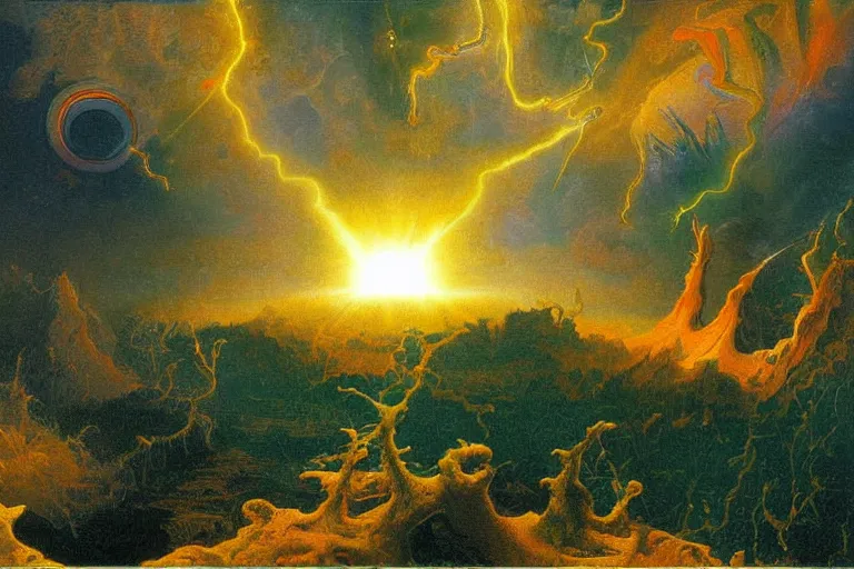 Prompt: mesozoic cosmic upheaval turmoil landscape in the style of dr. seuss, orbital laser bombardment, painting by albert bierstadt