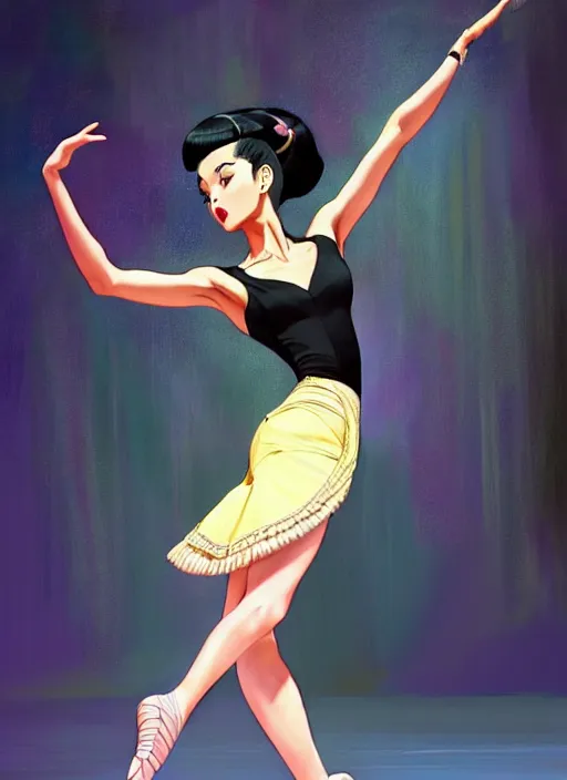 Image similar to a beautiful dancer with black hair in 1960's fashion, ballroom background, intricate, highly detailed, digital painting, artstation, official media, anime key visual, concept art, rich vivid colors, ambient lighting, sharp focus, illustration, art by Artgerm, Makoto Shinkai, Ilya Kuvshinov, Lois Van Baarle, and Rossdraws