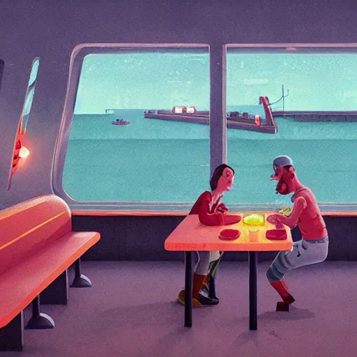 Image similar to inside diner at the beach by simon stalenhag