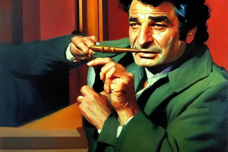 Prompt: police detective columbo ( young peter falk ) in his trenchcoat, holding his head in one hand and a cigar in the other. 1 9 7 0 s oil painting in the style of edward hopper and ilya repin gaston bussiere, craig mullins. warm colors. detailed and hyperrealistic.