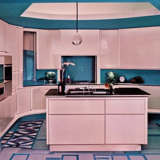 Image similar to a smart home kitchen in 1 9 7 4 color