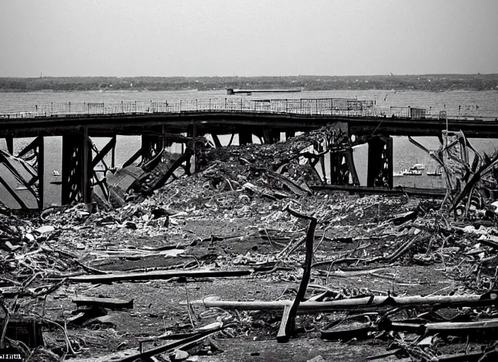 Prompt: grainy photo of the remains of an enormous destroyed freeway bridge on the new york coast after the apocalypse