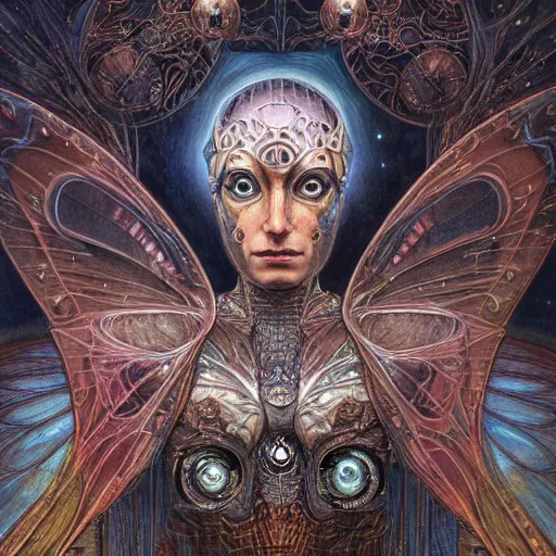 Prompt: realistic illustration of a beautiful rusted mechanical faerie queen with glowing eyes, moth wings with geometric patterns, reflective detailed textures, baroque dark fantasy science fiction painting by donato giancola and diego rivera and jean delville and moebius, silver and cool colors, artstation, octane render