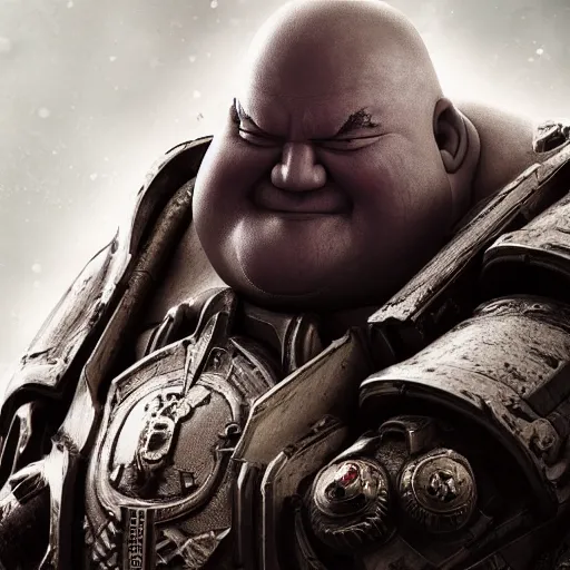 Image similar to Portrait of Budai as the emperor of humanity from warhammer 40k in Gears of War, splash art, movie still, cinematic lighting, dramatic, octane render, long lens, shallow depth of field, bokeh, anamorphic lens flare, 8k, hyper detailed, 35mm film grain