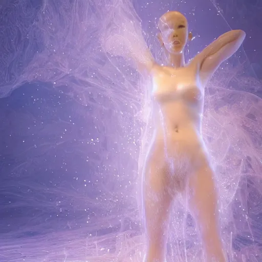 Image similar to 3 d pyro liquid simulation render, octane render, xparticles, white colors, female bodies, female body covered in white blanket, white carved abstract sculpture, amethyst mineral quartz, swirly curls, abstract white fluid, golden edges and fractals, cold colors, artstation, render, cinema 4 d, art noveau fresco