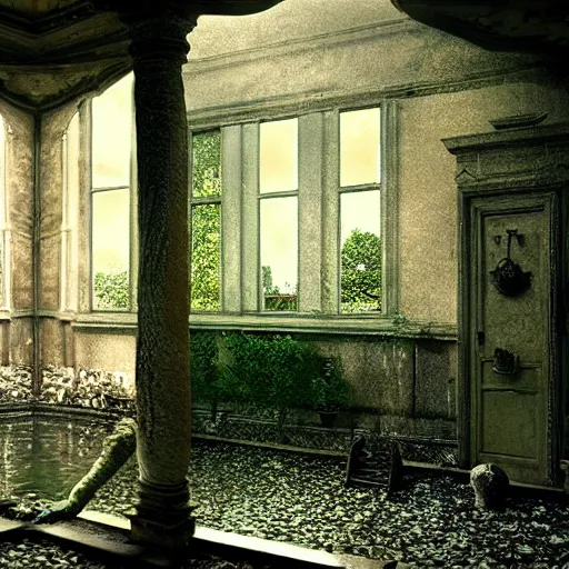 Image similar to hyperrealism photography computer simulation visualisation of parallel dark universe detailed old bath in the detailed ukrainian village garden in dramatic scene from art house futuristic movie by taras shevchenko and alejandro jodorowsky and andrei tarkovsky