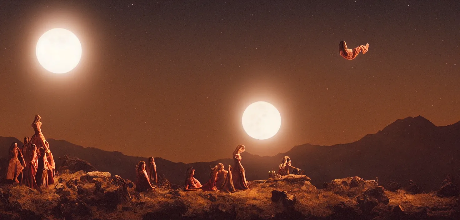Prompt: a very high resolution historical image. a giant full moon in the mountains while young women float into the air levitating in firelight as the satanic ritual climaxes, 2 4 mm, photorealistic, photography, night directed by wes anderson