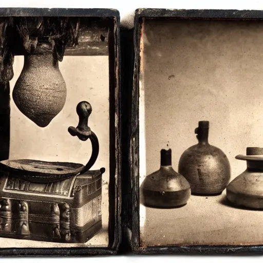 Image similar to Tintype photograph of objects displayed in an ethnographic museum, primitive display, anthropology of wonder, in the style of Marcel Duchamp, found objects, ready-made, 1920s studio lighting.