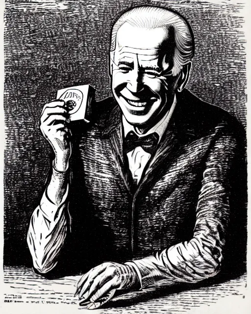 Prompt: illustration of joe biden eating a can of baked beans from the dictionarre infernal, etching by louis le breton, 1 8 6 9, 1 2 0 0 dpi scan