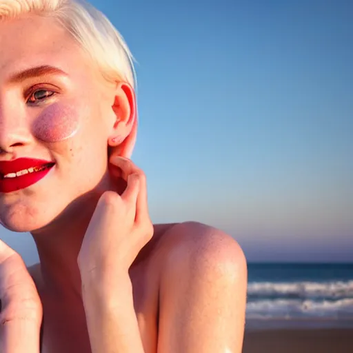 Image similar to beautiful hyperrealism hyperdetailed photograph of a cute thin young woman in love with you, smiling adoringly at the camera, platinum blonde hair, flushed face, blushing, big puffy lips, heart - shaped face, light freckles on cheeks and nose, 8 k, sharp focus, golden hour, beach setting