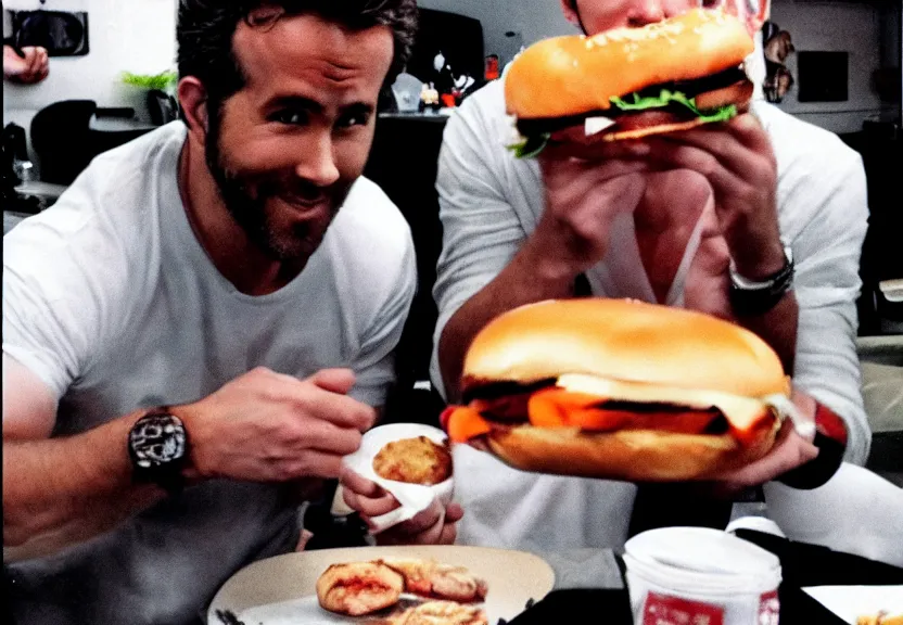 Image similar to a ultra realistic hyper realistic underexposed fujifilm 800 photograph of ryan reynolds being eaten by a burger