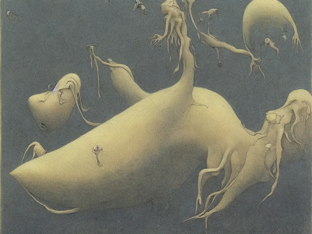 Image similar to deep sea strange creatures. Painting by Roger Dean, Alfred Kubin