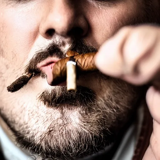 Prompt: a realistic photo of a man with a beard lighting a cigar, close up