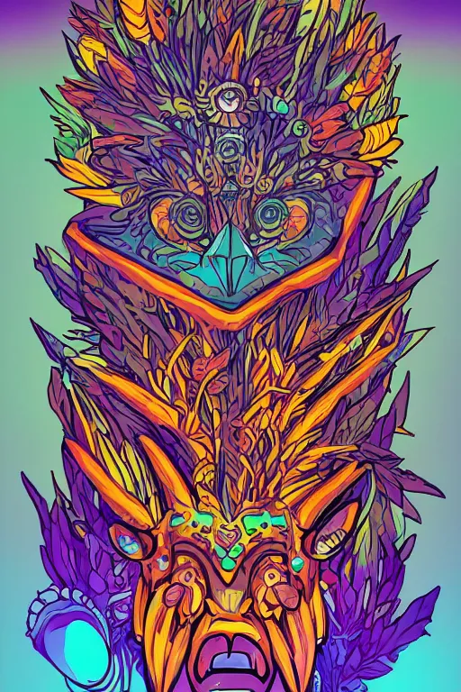 Image similar to animal mask totem roots flower tribal feather gemstone plant wood rock shaman vodoo video game vector cutout illustration vivid multicolor borderlands comics by josan gonzales and dan mumford radiating a glowing aura