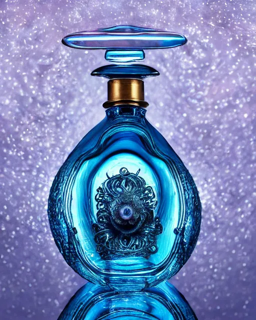 Prompt: natural light, soft focus extreme close up of a perfume bottle on a lilpad in the water, blue bioluminescent plastics, smooth shiny metal, elaborate ornate head piece, piercings, skin textures, by annie leibovitz, paul lehr