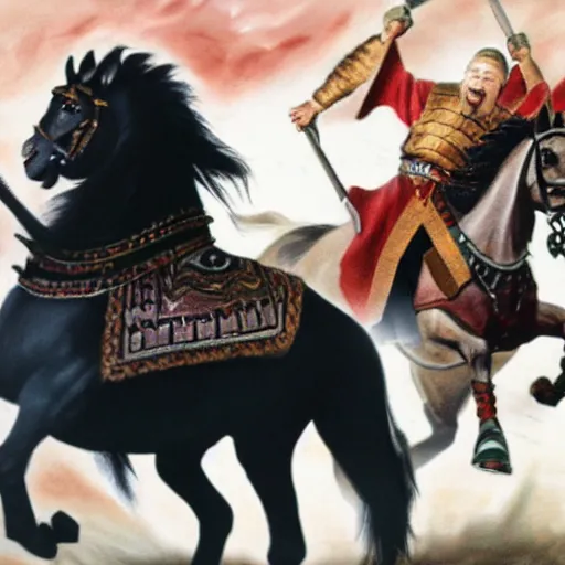 Image similar to genghis khan chasing obama, 4 k, photograph, realistic, detailed