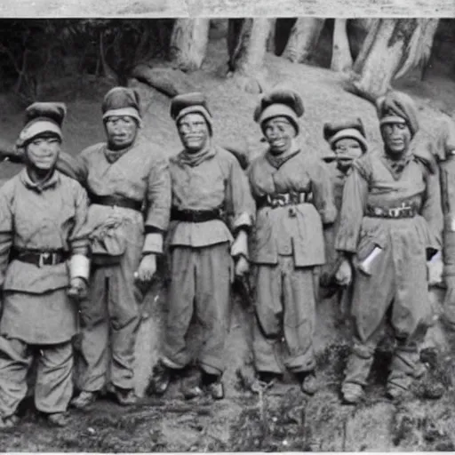Image similar to old photo of smurfs wearing japanese soldier gear