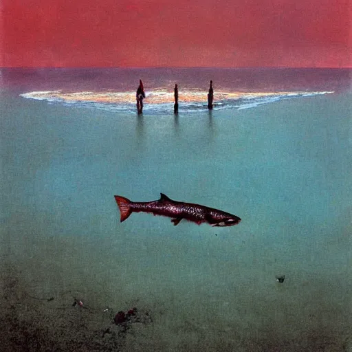 Prompt: decaying salmon on the beach, by beksinski.