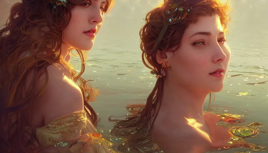 Image similar to jealousy, perfectly-centered-Portrait of the most beautiful woman on the planet floating in the river, intricate, highly detailed, digital painting, artstation, concept art, smooth, sharp focus, illustration, Unreal Engine 5, 8K, art by artgerm and greg rutkowski and alphonse mucha