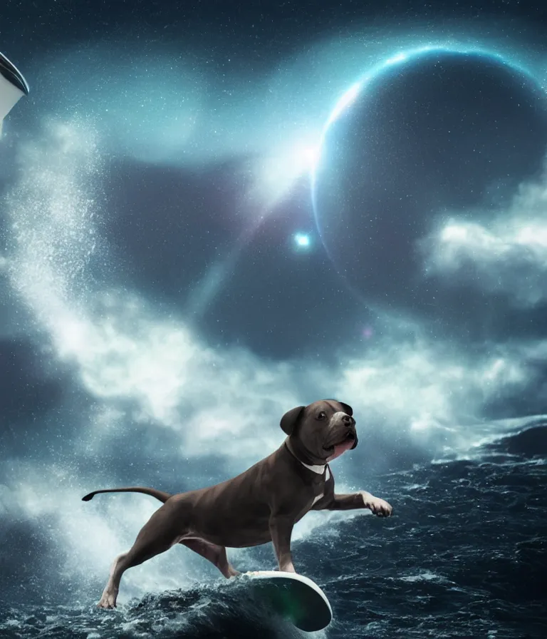 Image similar to photo of a dark gray coat pit bull with a white paws and a white nose!, surfing on a surfboard in a crashing wave of alien galaxy, trending on art station, ocean in space, background is an alien galaxy, aliens in the background, alien colors, octane render, unreal engine, wide view, 8 k, highly detailed