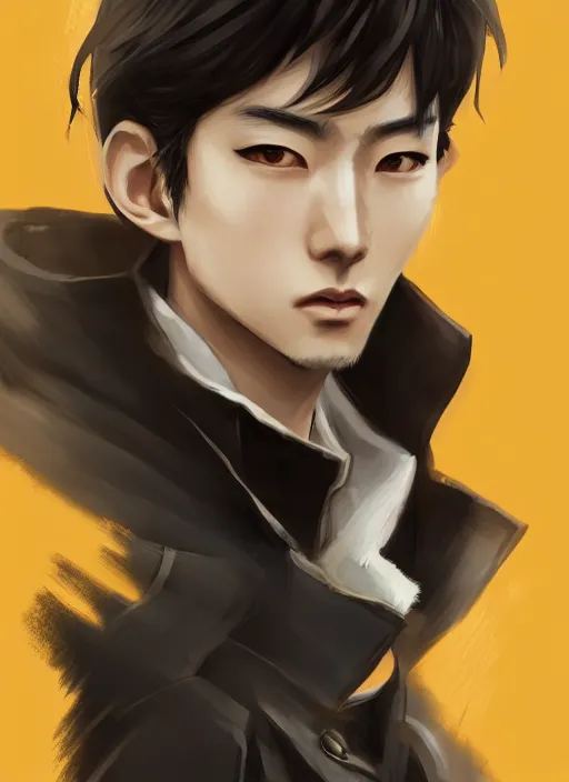 Image similar to a highly detailed illustration of young attractive japanese guy wearing black detective coat, yellow eyes, dramatic standing pose, hyperdetailed perfect face, perfect eyes, intricate, elegant, highly detailed, centered, digital painting, artstation, concept art, smooth, sharp focus, league of legends concept art, wlop.