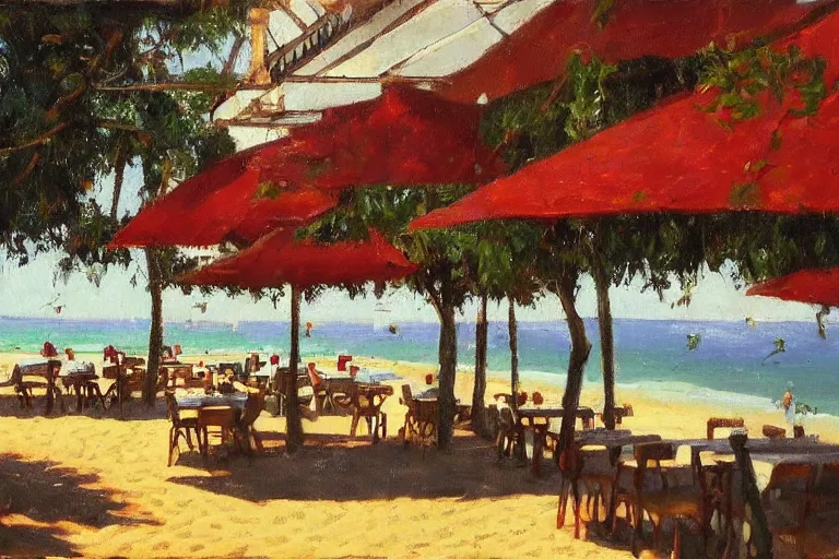 Image similar to italian restaurant on the beach, dappled light, scott christensen