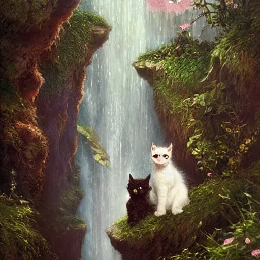 Prompt: two kittens watching the waterfall in the enchanted forest, fantasy, intricate, extremely detailed, face enhance, matte, artstation, art by greg rutkowski, louis wain, alan lee