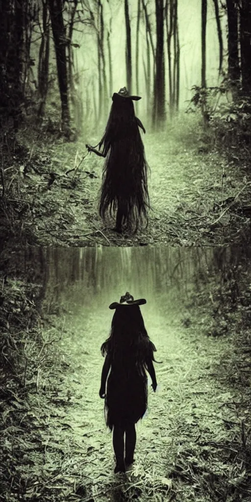 Prompt: found photo of a young witch girl with long hair walking away from the camera in a forest, magical dark and spooky, flash photography