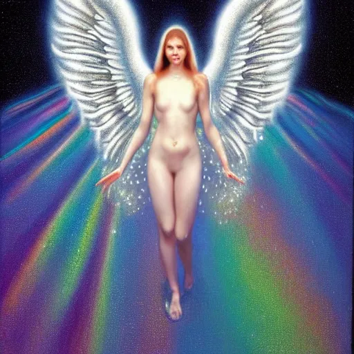 Prompt: highdetailed hyperrealistic painting of white holographic angel in the hood lightning hands with silver sparkles!!!, giant silver ball on the chest!!!!!, 4 k hd fur face!!!, big wings, by jan van eyck, holography space, white sparkles everywhere, thin strokes, white monochrome color!!!!!, hyperrealism textures, realistic