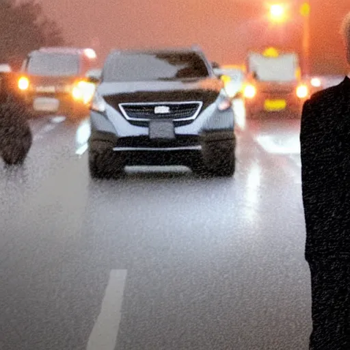 Image similar to dash cam footage, Joe biden as a dark shadow ghost in the middle of the road staring at the driver. bad weather, dramatic lighting, dark clouds, rain, horror scene, very realistic dash cam